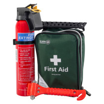 safelincs vehicle safety kit showing a fire extinguisher, green first aid kit bag, and red emergency hammer with contents reversed