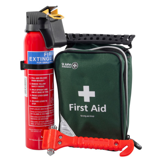 safelincs vehicle safety kit showing a fire extinguisher, green first aid kit bag, and red emergency hammer with contents reversed