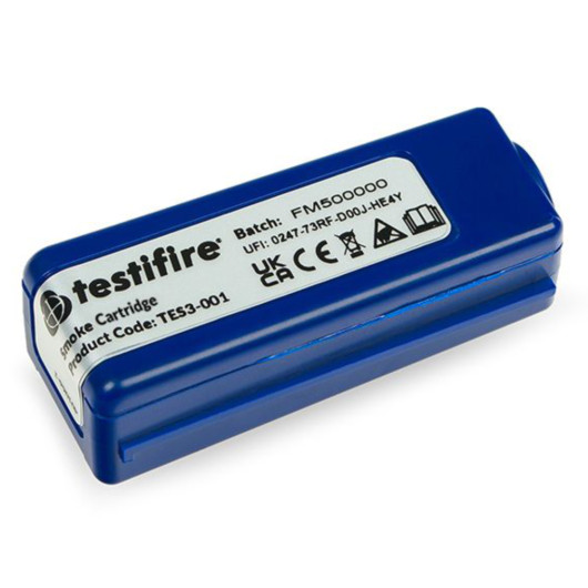 Angled view of a blue testifire xtr2 smoke cartridge showing label with batch and product information