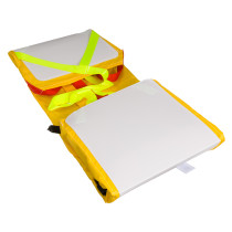 spectrum healthcare resqmat unrolled showing white padded panels with yellow and fluorescent green straps