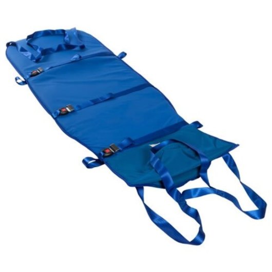 Spectrum healthcare ski sled shown at an angled view in blue with multiple straps and buckles visible