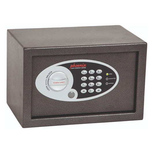 Front view of a phoenix vela 0801 electronic lock showing keypad and dial on a dark metal surface
