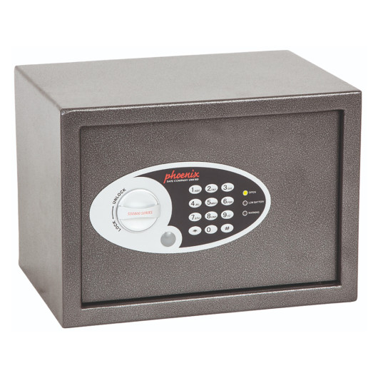 Front view of the phoenix vela 0802 electronic lock showing keypad and dial on a metal box