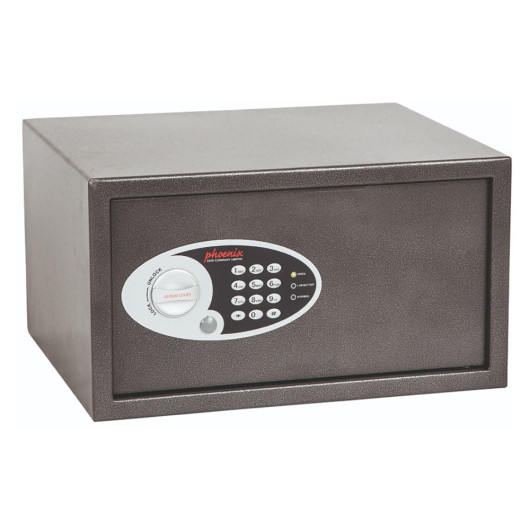 Front view of the phoenix vela 0803 electronic lock showing keypad and knob on a dark grey safe unit