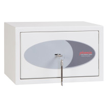 front view of phoenix fortress 1181 key lock showing white rectangular box with key in lock
