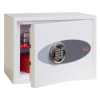 phoenix fortress 1182 electronic lock with front door slightly open showing the inside of the white safe