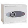 Front view of the phoenix fortress 1182 electronic lock on a small grey and white safe box