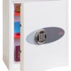 phoenix fortress 1183 electronic lock on a white safe with the front door slightly ajar showing items inside