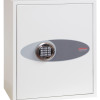 phoenix fortress 1183 electronic lock showing the front view of a white safe with a grey oval panel and keypad lock