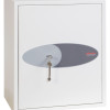 Front view of the phoenix fortress 1183 key lock showing a key in the lock on a white surface