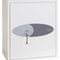 Front view of the phoenix fortress 1183 key lock showing a key in the lock on a white surface