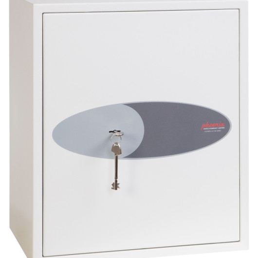 Front view of the phoenix fortress 1183 key lock showing a key in the lock on a white surface