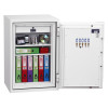 phoenix firefox 1621 key lock safe fully open showing shelves with folders, a mobile phone, CDs, and keys on the door