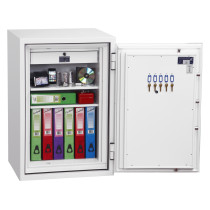 phoenix firefox 1621 key lock safe fully open showing shelves with folders, a mobile phone, CDs, and keys on the door