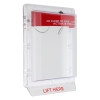 Front angle view of sti stopper ii flush call point cover with clear body and red top panel showing text