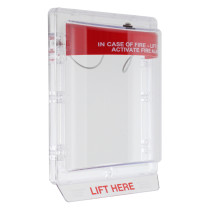 Front angle view of sti stopper ii flush call point cover with clear body and red top panel showing text