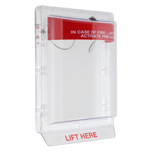 Front angle view of sti stopper ii flush call point cover with clear body and red top panel showing text