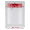 sti stopper ii flush call point cover shown from the front with clear plastic and red instruction panel