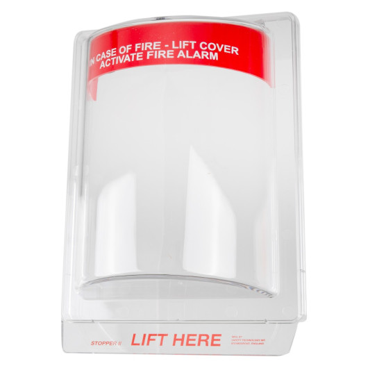 an angled view of a surface mounted call point cover with red text