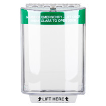 sti flush mounted call point cover green shown from the front with clear protective outer casing