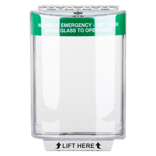 sti flush mounted call point cover green shown from the front with clear protective outer casing