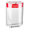 angled view of sti flush mounted call point cover in red with clear protective casing and visible instructions