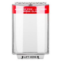 Front view of sti flush mounted call point cover red with clear body and red top panel showing text instructions
