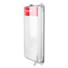 side view of sti flush mounted call point cover in clear plastic with red label at the top