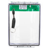 sti flush mounted call point cover with sounder green shown from the back with clear plastic and black pull strap