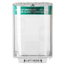 Front view of sti access control cover surface mounted universal stopper standard with clear protective casing and green label