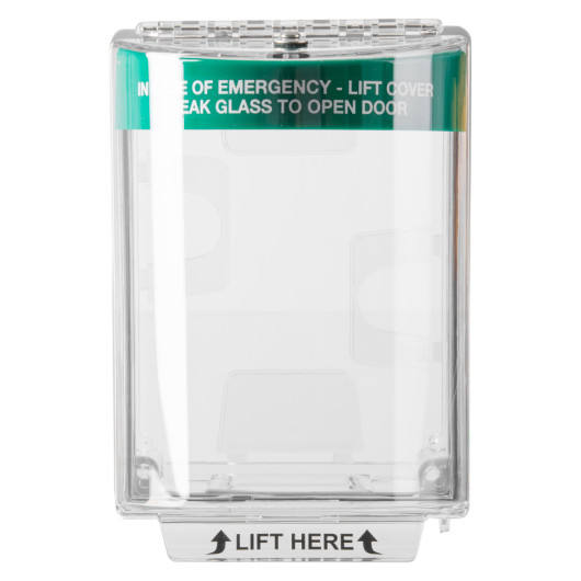 Front view of sti access control cover surface mounted universal stopper standard with clear protective casing and green label
