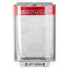 Front view of sti call point cover surface mounted universal stopper standard with clear plastic and red warning strip
