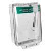 angled view of sti access control cover surface mounted universal stopper alarmed showing clear plastic casing and green label