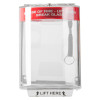 sti call point cover surface mounted universal stopper alarmed showing the front with a clear protective case and red warning label