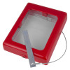 Angled view of a large sti key box in red with a clear front panel and metal latch