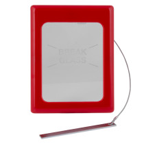 Front view of a sti key box large with red border and a clear glass panel showing break glass text