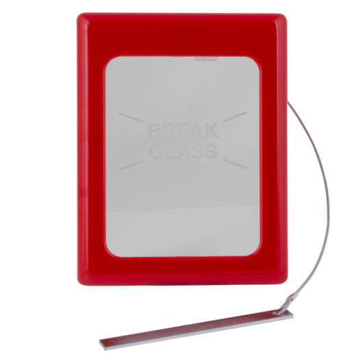 Front view of a sti key box large with red border and a clear glass panel showing break glass text