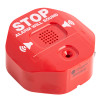 angled view of a red fire extinguisher theft stopper with stop alarm will sound text and speaker symbols