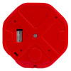 Back view of a fire extinguisher theft stopper showing red plastic casing with screw details