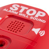 Closeup of text on red fire extinguisher theft stopper showing the words STOP alarm will sound and a speaker icon