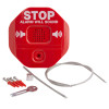 Red fire extinguisher theft stopper alarm with warning text stop alarm will sound plus metal cable and fixing screws