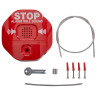 fire extinguisher theft stopper kit showing red alarm device, cable lock, key, screws and fixings laid out on white background