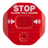 Front view of the fire extinguisher theft stopper showing a red device with stop alarm warning text and speaker symbols