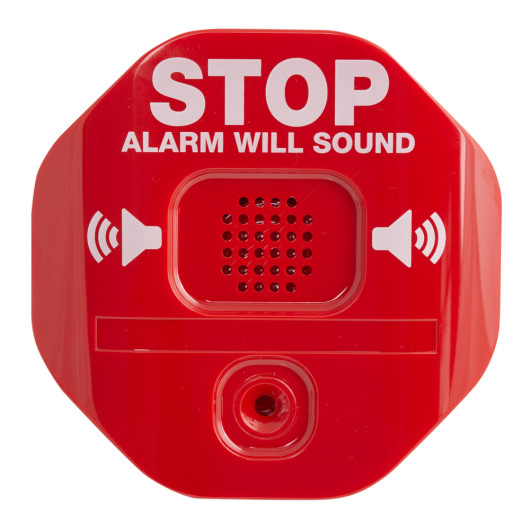 Front view of the fire extinguisher theft stopper showing a red device with stop alarm warning text and speaker symbols