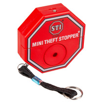 Red St6255 Mini Theft Stopper Angled device with black wrist strap and key ring attached