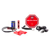 Contents of sti mini theft stoppers package including a red device, battery, cables, and mounting parts on a white background