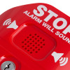 Close up of red sti exit stopper angled showing speaker holes and part of warning text alarm will sound