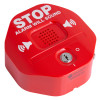 Red sti exit stopper shown from an angled view with speaker holes and key lock visible