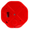 Back view of a red sti exit stopper showing its flat surface and central screw