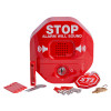 Red sti exit stopper with alarm speaker, warning text, keys, mounting brackets, screws, and a key tag on a white background
